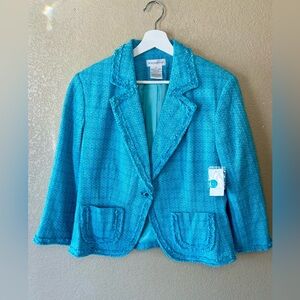 Y2K Women's Vibrant Turquoise Tweed Textured Cropped Blazer Size 16